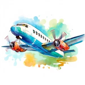 Aeroplane colourful watercolor white background