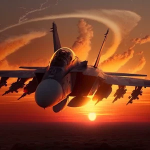 a beautiful sunset with an FA-18 flying by