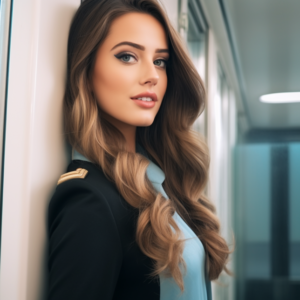 beautiful stewardess with light blue and white uniform