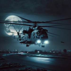 military helicopter flies at night