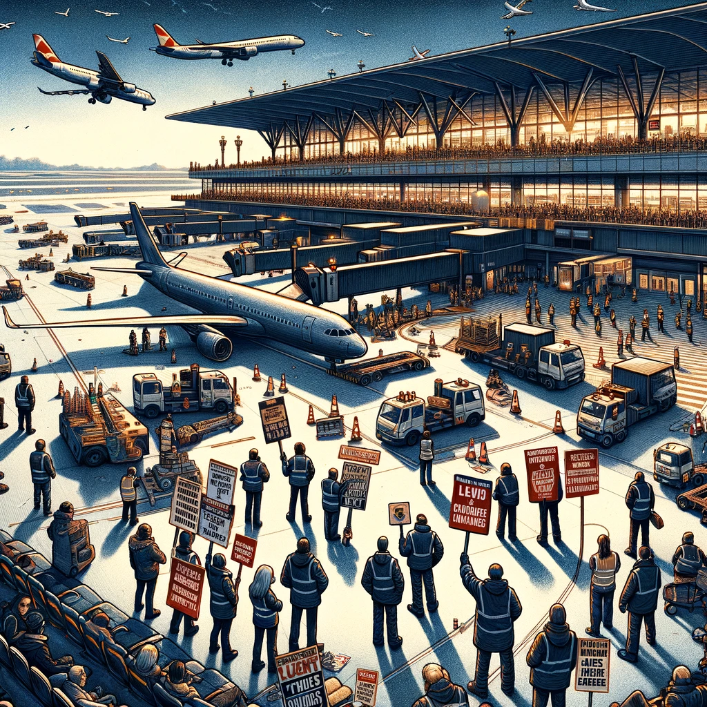 An impactful illustration of strikes in aviation, showing a busy airport with deserted runways and grounded aircraft
