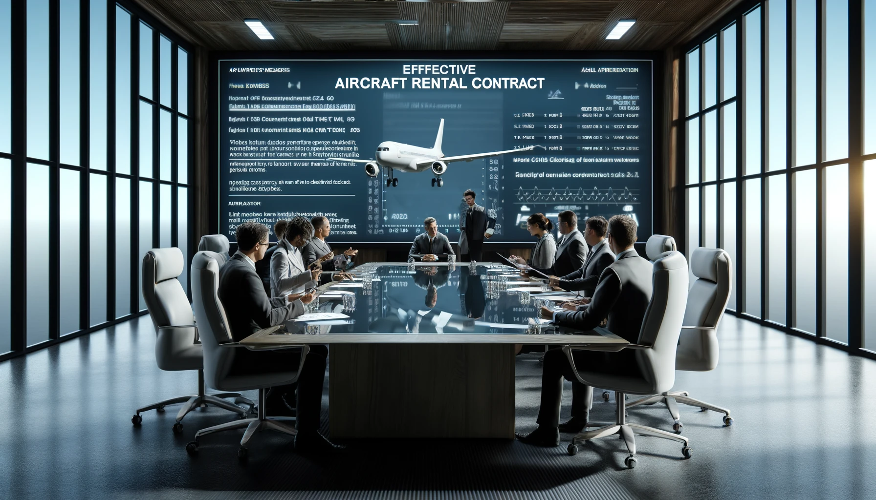 Effective Aircraft Rental Contracts. Corporate meeting room with a group of aviation professionalists