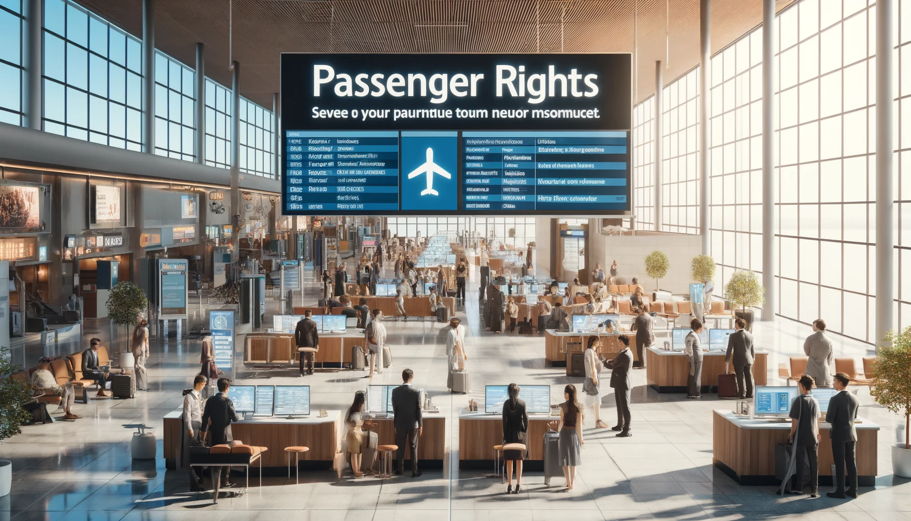 Passenger Rights in Aviation. The scene takes place in a spacious airport terminal